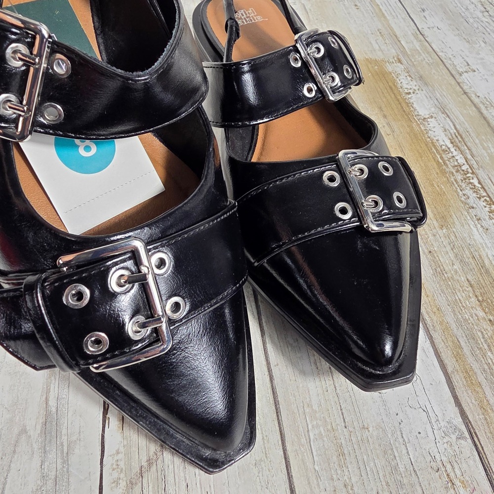 Wild Fable Black Pointed Toe Buckle Slingback Flat Grommet Punk Shoes Size 8 NWT - Picture 2 of 10